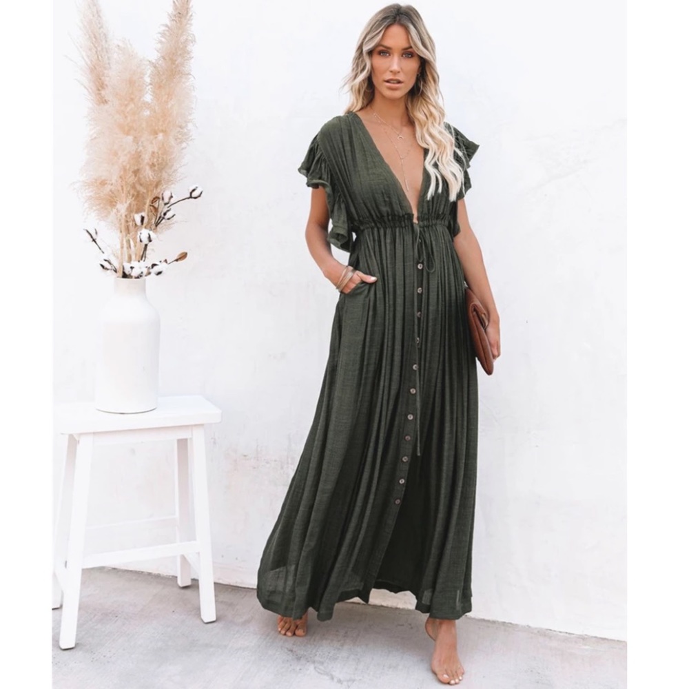 Olive Green Gauze Boho Button Maxi Coverup Dress - Picture 3 of 5